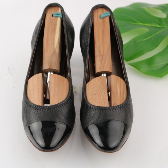 AGL Womens Pump Size 37 7 Black Leather Cap Toe Block Heel Elastic Trim Italy - Picture 2 of 12